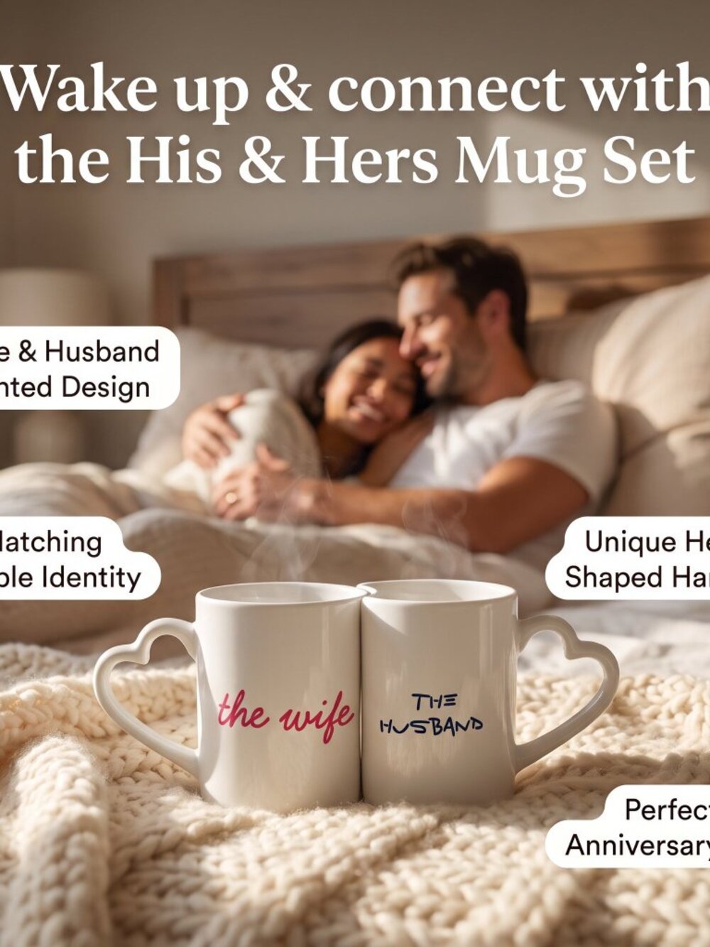 His & Hers Couples Mug Set Heart Handle Ceramic Coffee Cups Wedding Gift